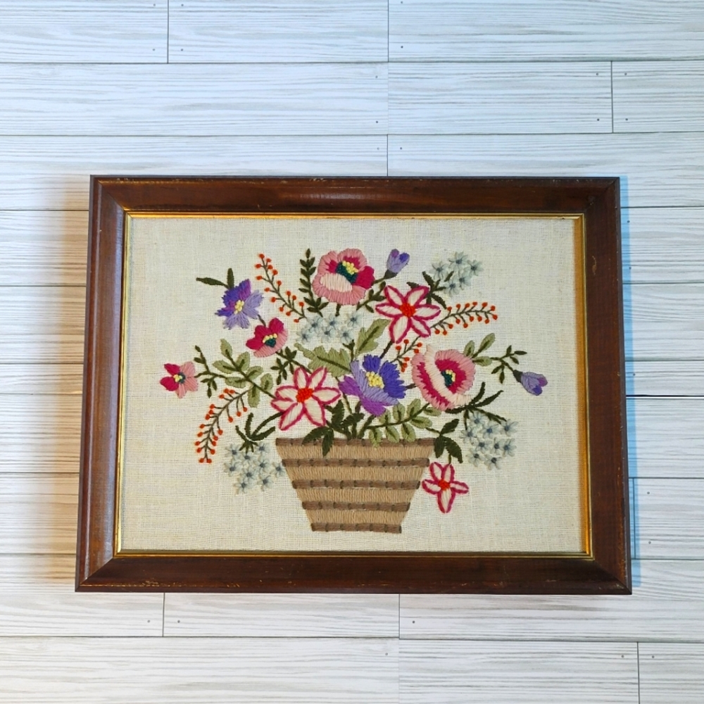 Vintage Embroidered Crewel Framed Wall Art Multicolor Flowers In Basket